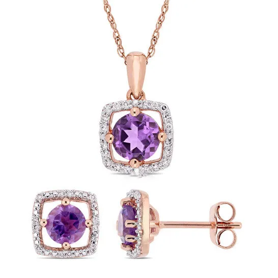 JMS always Original AMOUR 2piece Set Of 1 25 CT TGW Amethyst and 16 CT TW Diamond Square Halo Stud Earrings and Pendant with Chain In 10K Rose Gold Earrings