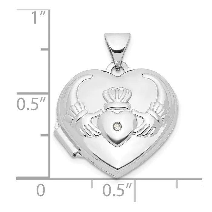 TreasureFineJewelers Rings 14k White Gold Diamond Heart Claddagh Locket