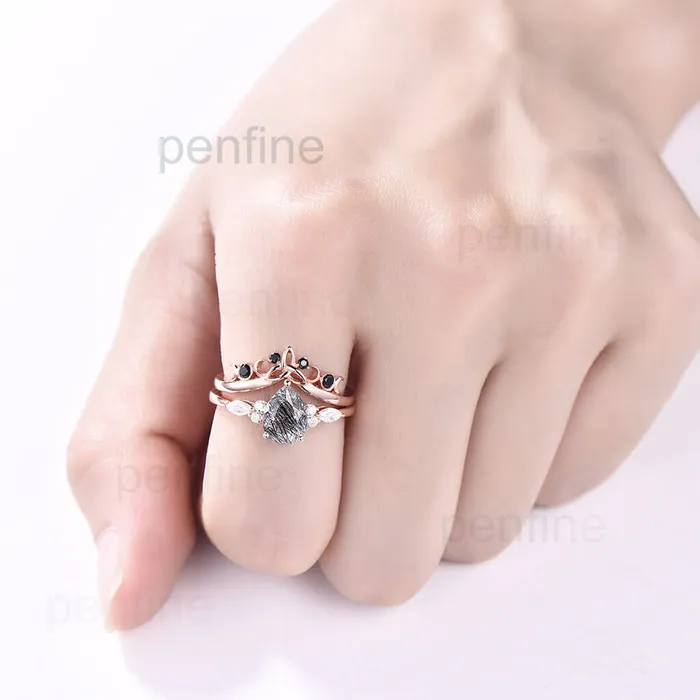 Pear Black Rutilated Quartz Engagement Ring Black Diamond Bandy002 PENFINE Rings