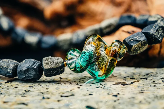 Marcel Roelofs Necklaces Cubes of Slate with Pyrite Necklace and a MuranoStyle Glass PendantClasp