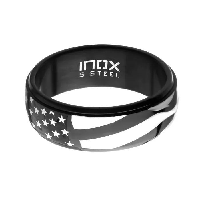 Rings INOX JEWELRY Black and Silver Tone Stainless Steel Stars with Stripes Band Ring