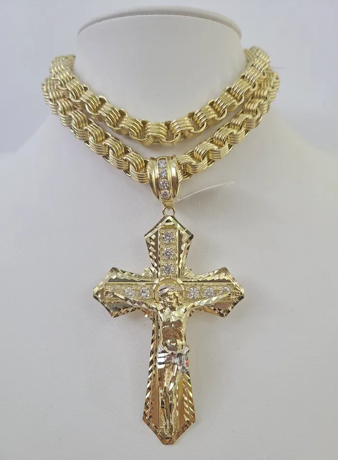 10k Gold Byzantine Necklace Jesus Cross Charm 2030 inches 9mm REAL SET Chain Gold and Diamond Necklaces
