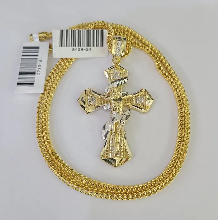 10K Gold Franco Chain Jesus Cross Charm Pendant 2026 inches 25mm REAL Yellow Gold and Diamond Necklaces