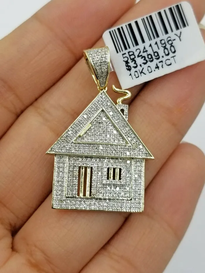 Charm Necklaces Gold and Diamond 10k Diamond Home Yellow Gold Trap House Charm Mens Pendant Real Genuine Diamonds