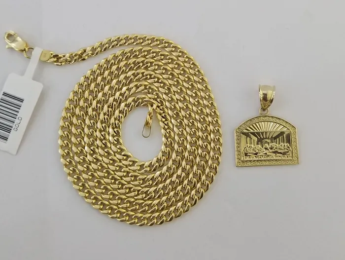 Gold and Diamond 10k Last Supper Charm with Real Gold 4mm Miami Cuban Chain 24 inch Set Charm Necklaces