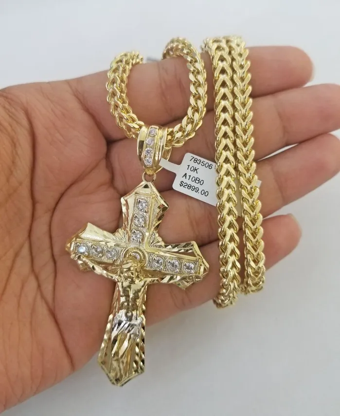 Gold and Diamond Necklaces 10k Gold Franco chain 10kt Cross Charm Pendant And Necklace 26 45mm SET REAL