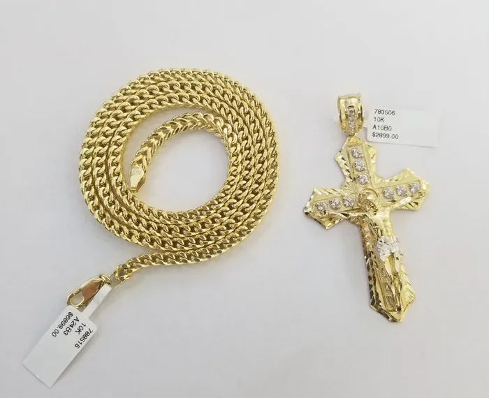 Gold and Diamond Necklaces 10k Gold Franco chain 10kt Cross Charm Pendant And Necklace 26 45mm SET REAL
