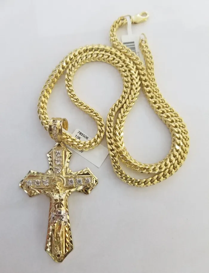 Gold and Diamond Necklaces 10k Gold Franco chain 10kt Cross Charm Pendant And Necklace 26 45mm SET REAL