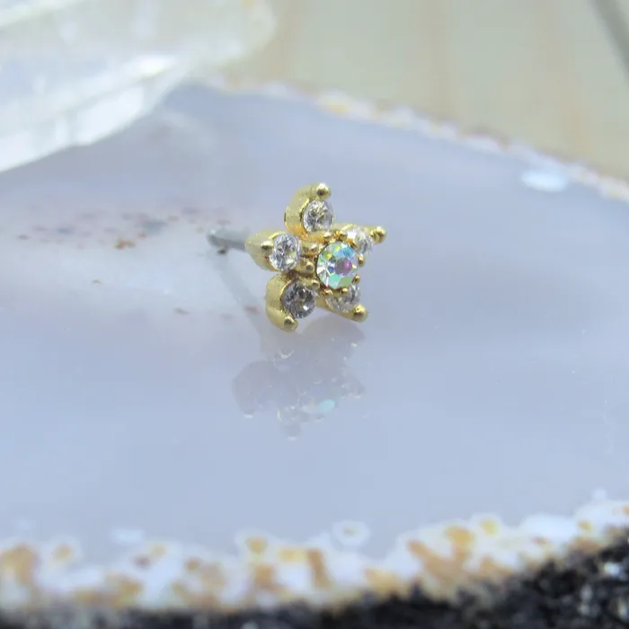 Siren Body Jewelry Earrings Golden Gemstone Flower Nose Piercing Bone Stud 20g
