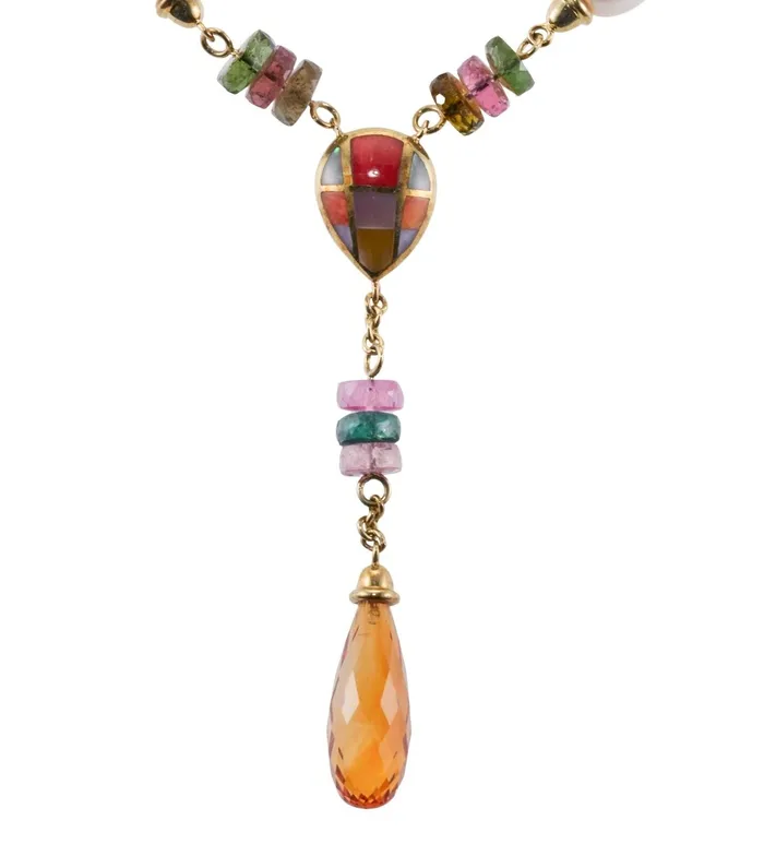 Asch Grossbardt Asch Grossbardt Inlay Gemstone Pearl Tourmaline Citrine Pendant Gold Necklace Necklaces