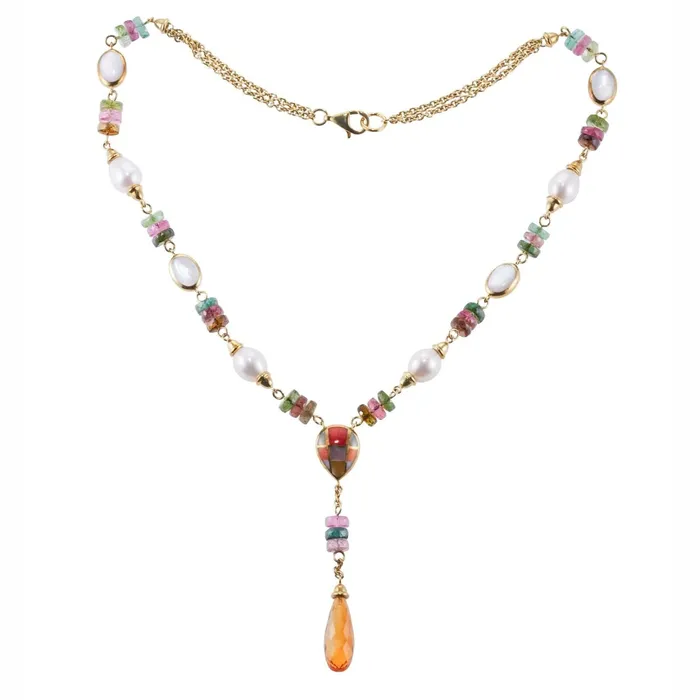 Asch Grossbardt Asch Grossbardt Inlay Gemstone Pearl Tourmaline Citrine Pendant Gold Necklace Necklaces