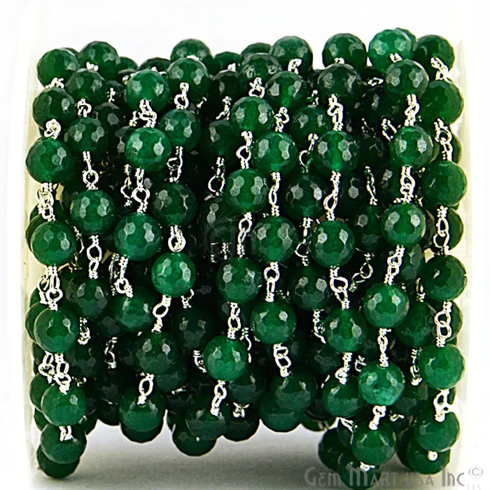 Dyed Jade Bead Faceted Crystal Round Rosary Chain Silver Plating 8mm 1 ft GemMartUSA Rings