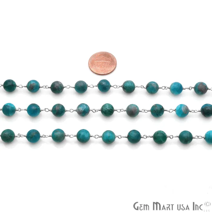 GemmartUSA Necklaces Neon Apatite Smooth Beads 8mm Silver Plated Wire Wrapped Gemstone Rosary Chain
