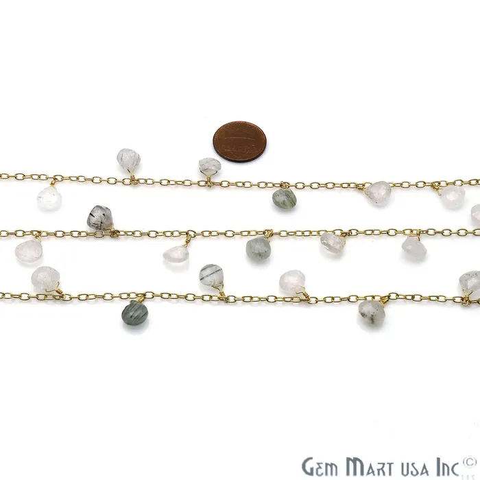 GemMartUSA Rutilated Beads Gold Wire Wrapped Cluster Dangle Rosary Chain Charm Necklaces