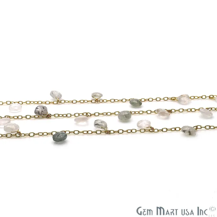 GemMartUSA Rutilated Beads Gold Wire Wrapped Cluster Dangle Rosary Chain Charm Necklaces