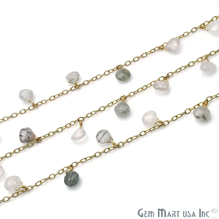 GemMartUSA Rutilated Beads Gold Wire Wrapped Cluster Dangle Rosary Chain Charm Necklaces