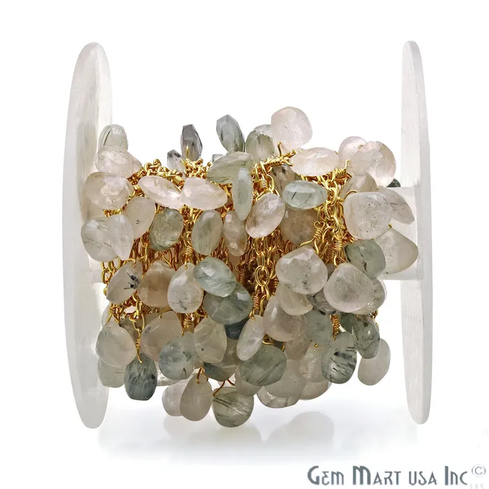GemMartUSA Rutilated Beads Gold Wire Wrapped Cluster Dangle Rosary Chain Charm Necklaces
