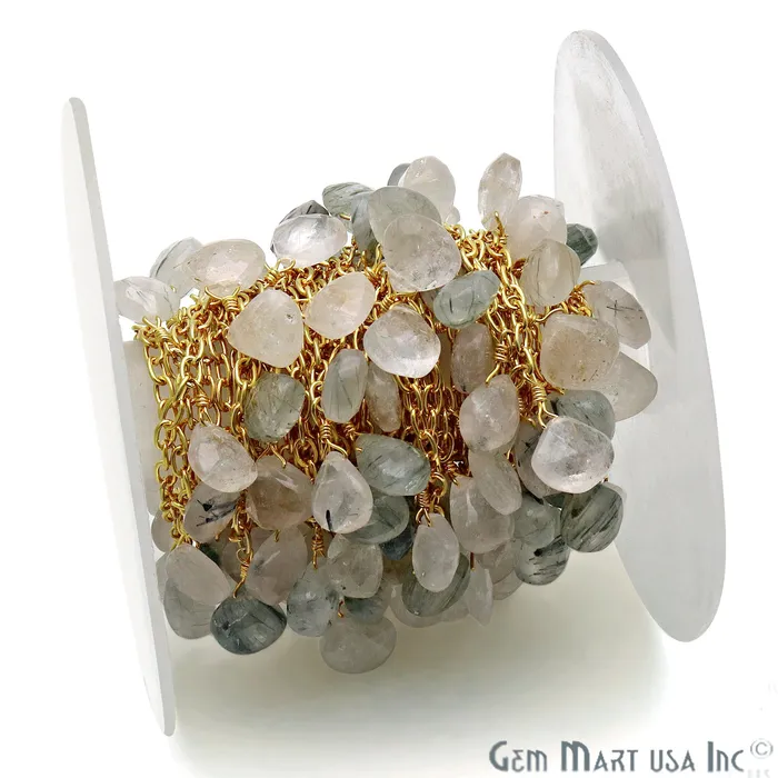 GemMartUSA Rutilated Beads Gold Wire Wrapped Cluster Dangle Rosary Chain Charm Necklaces