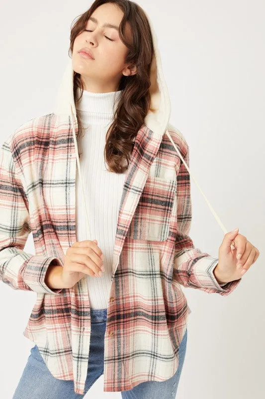 Love Tree Necklaces Love Tree Plaid Flannel Button Up Shacket with Hood