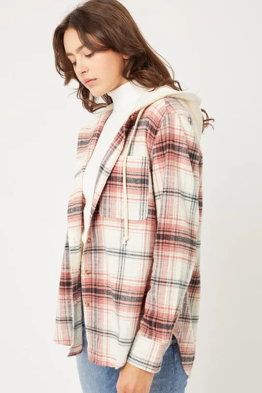 Love Tree Necklaces Love Tree Plaid Flannel Button Up Shacket with Hood