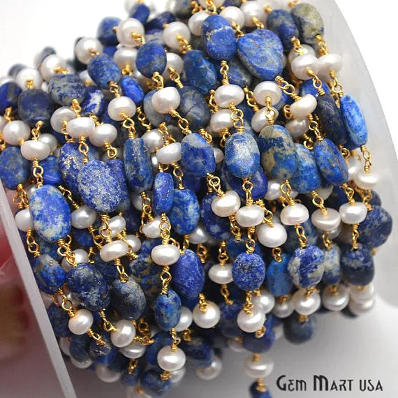 Necklaces GemmartUSA Lapis With Pearl Beads Chain Gold Plated Wire Wrapped Rosary Chain