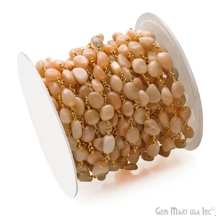 Peach Moonstone 8x5mm Tumble Beads Gold Plated Rosary Chain GemMartUSA PreStyled Sets