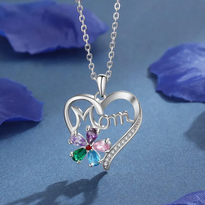 Personalized Womens Copper Necklace with Customize Mom HeartShaped Flower Pendant Add up to 5 Birthstones Classic Fashion Jewelry for Mother Personalized Jewel Necklaces
