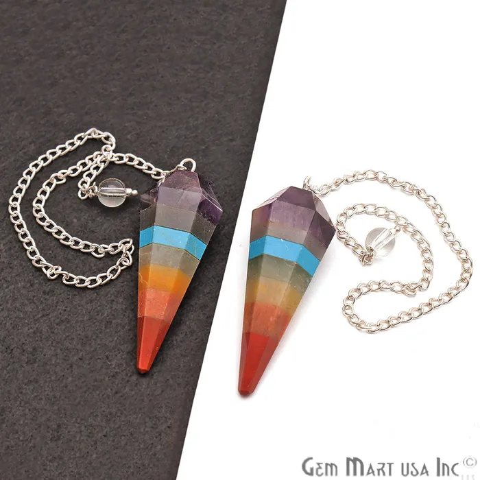 Seven Chakra Crystal Dowsing Pendulum Natural Gemstone Pendant with Silver Chain GemMartUSA Necklaces