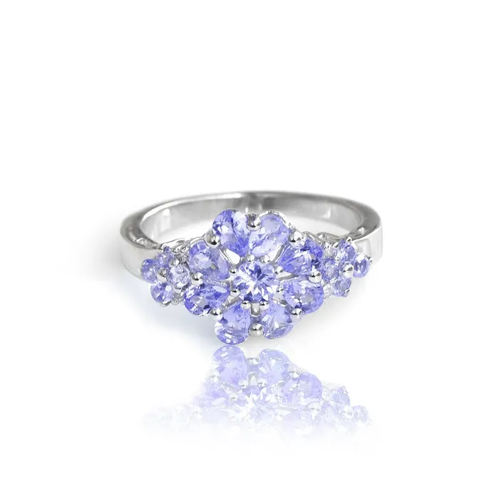 YoTreasure Blue Tanzanite Solid 925 Sterling Silver Flower Cluster Ring Jewelry Rings