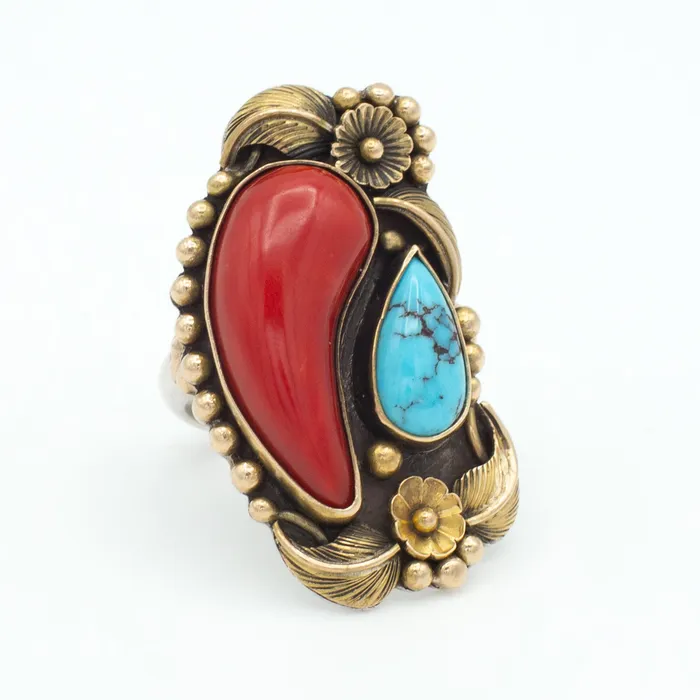 Crown Jewels Coin Luke Billie Yazzie Navajo Handmade 14K Yellow Gold Turquoise Coral Ring Size 8 Rings Crown Jewels Coin Luke Billie Yazzie Navajo Handmade 14K Yellow Gold Turquoise Coral Ring Size 8 Rings