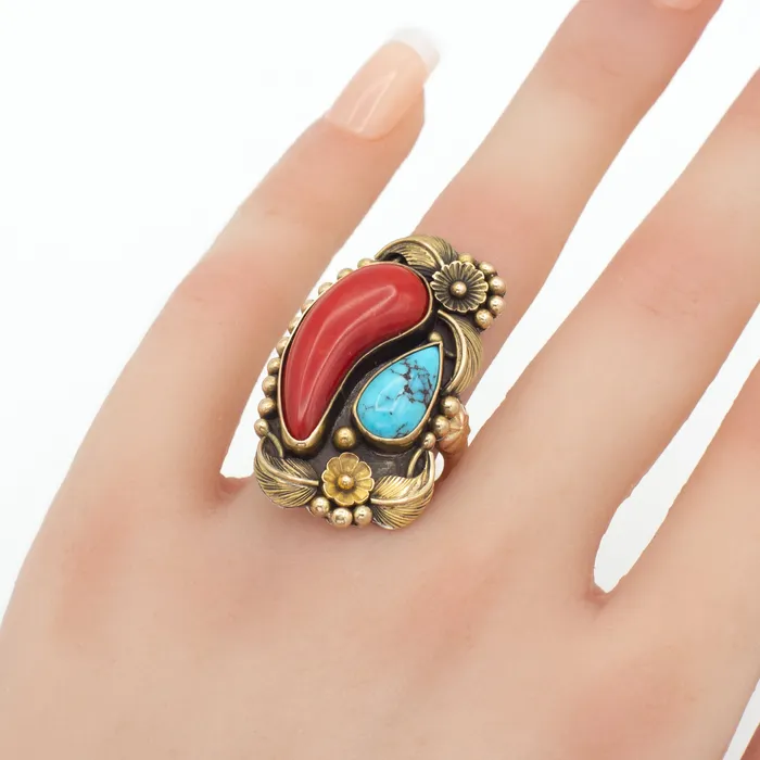 Crown Jewels Coin Luke Billie Yazzie Navajo Handmade 14K Yellow Gold Turquoise Coral Ring Size 8 Rings