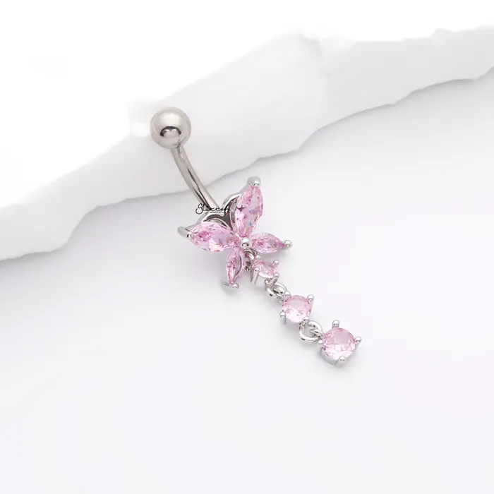 CZ Butterfly with 3 Dangle CZ Belly Button Navel Ring Gold Glitters Rings