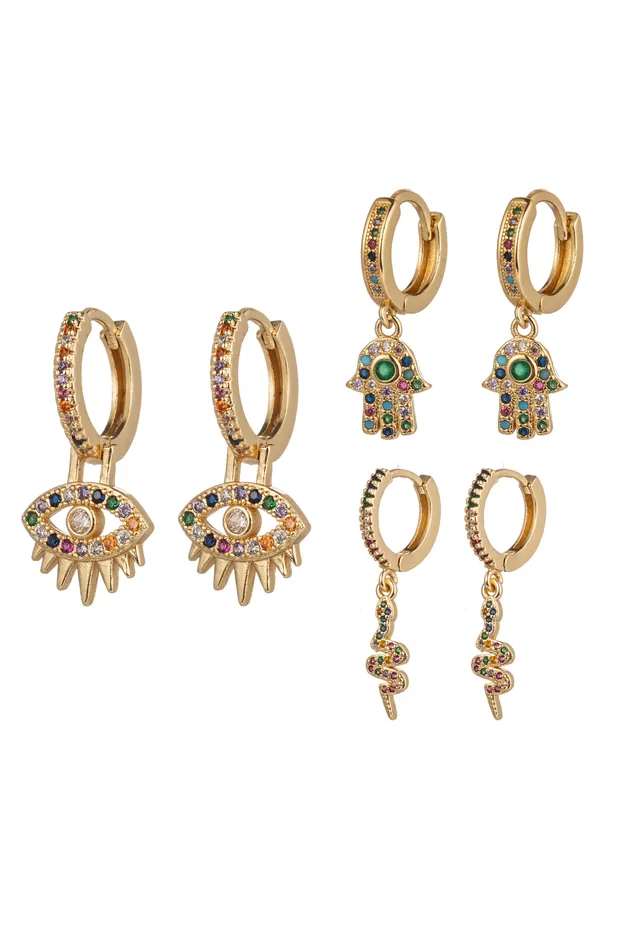 Earrings Eye Candy LA Eye Hamsa Snakes 18k Huggie Earring Set