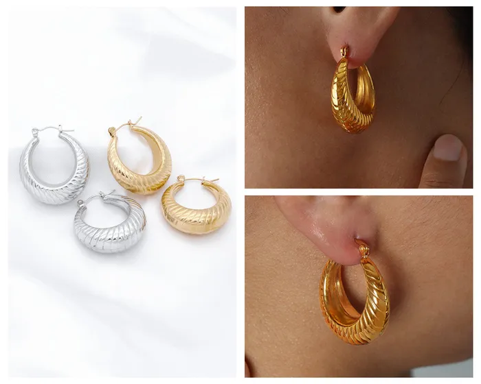 Earrings Glitters Stainless Steel Twisted Pattern Hoop Earrings Gold