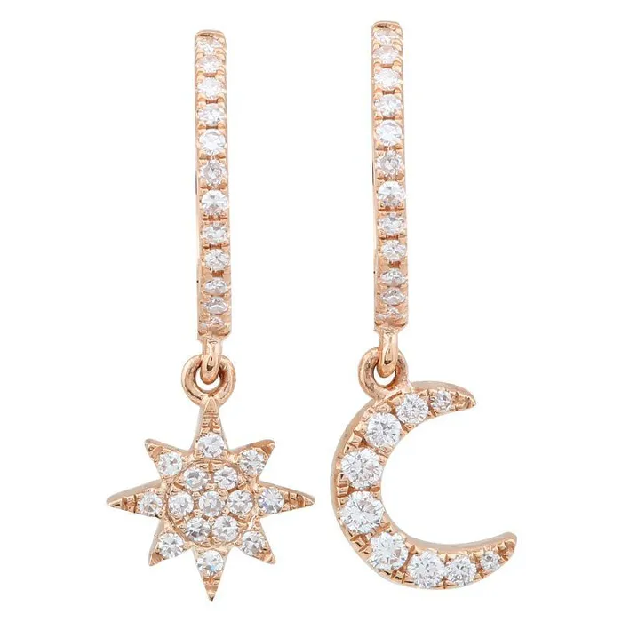 Earrings Izakov Diamonds Fine Jewelry 14K Gold Mismatch Sunburst Moon Drop Pave Diamond Huggies