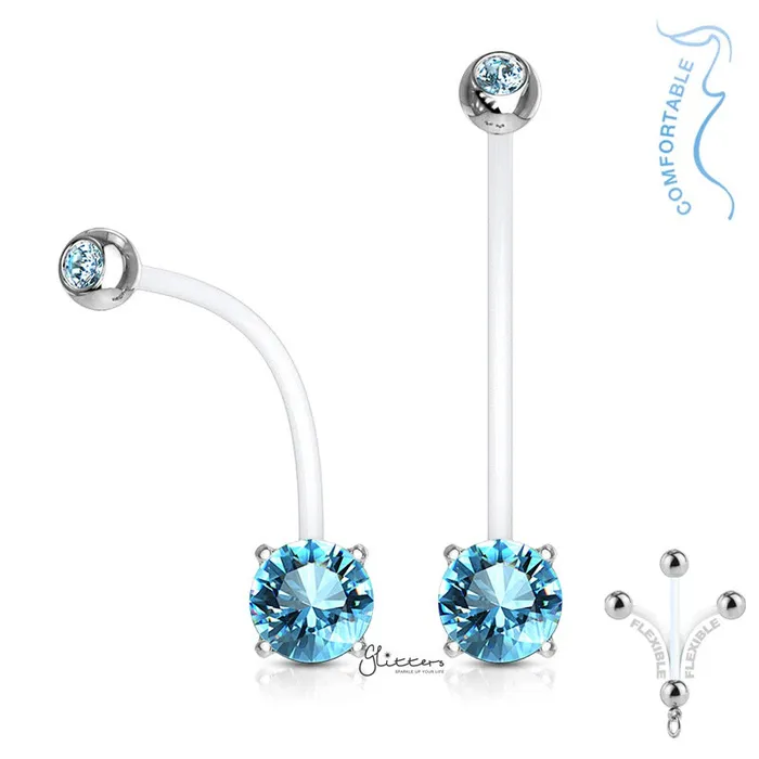 Glitters Rings Double Jeweled Prong Set Round CZ Pregnancy Bioflex Belly Ring Aqua Glitters Rings Double Jeweled Prong Set Round CZ Pregnancy Bioflex Belly Ring Aqua