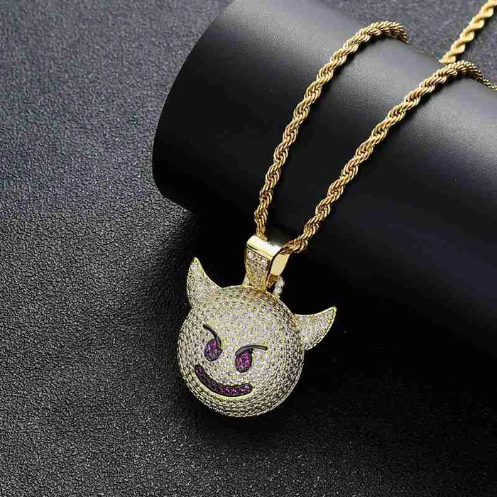 Iced Out Demon Evil Emoji Pendant Gold Glitters Necklaces