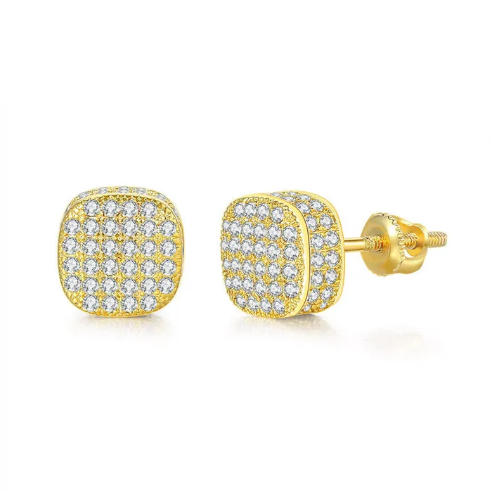 Iced Out Square Stud Earrings Gold Glitters Earrings