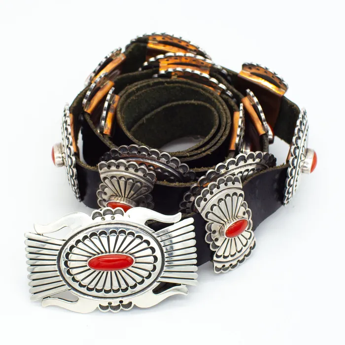Leonard Nez Navajo Handmade Sterling Silver Mediterranean Coral Concho Belt Crown Jewels Coin Rings