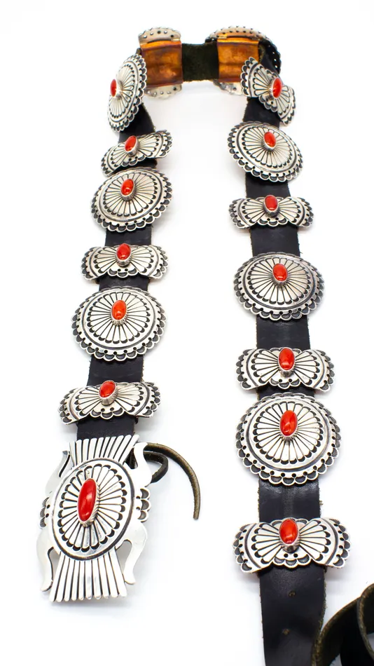 Leonard Nez Navajo Handmade Sterling Silver Mediterranean Coral Concho Belt Crown Jewels Coin Rings