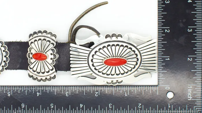 Leonard Nez Navajo Handmade Sterling Silver Mediterranean Coral Concho Belt Crown Jewels Coin Rings