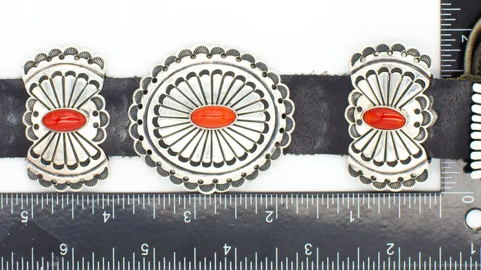 Leonard Nez Navajo Handmade Sterling Silver Mediterranean Coral Concho Belt Crown Jewels Coin Rings