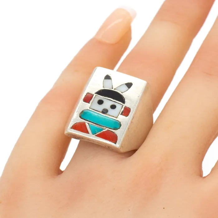 Rings Crown Jewels Coin Frank Vacit Zuni Handmade Jet Natural Turquoise Mediterranean Coral Mother of Pearl Ring