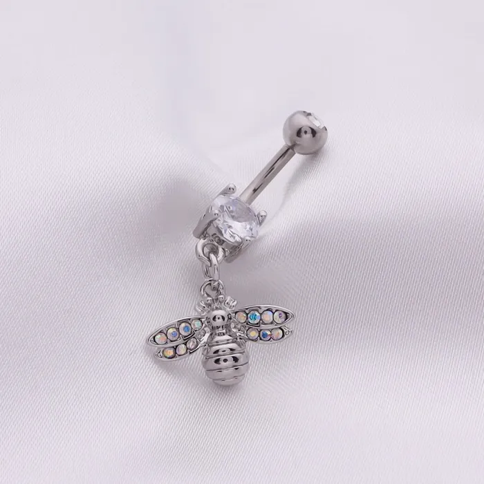 Rings Glitters Bee Dangle Belly Button Navel Ring Silver