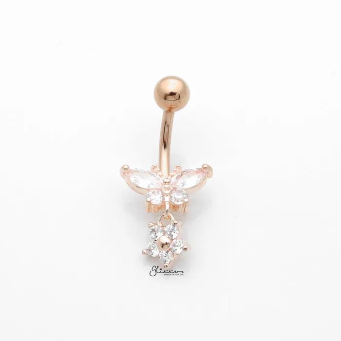 Rings Glitters CZ Butterfly with Dangle Flower Belly Button Navel Ring Rose Gold Rings Glitters CZ Butterfly with Dangle Flower Belly Button Navel Ring Rose Gold