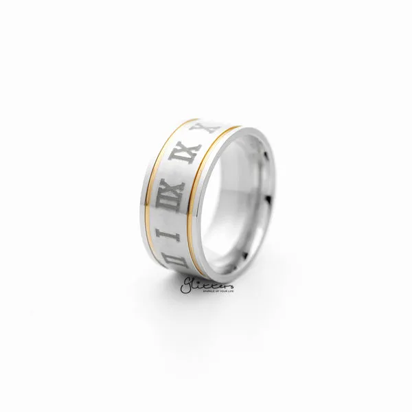 Rings Glitters Stainless Steel 10mm Wide Roman numerals Center Band Ring