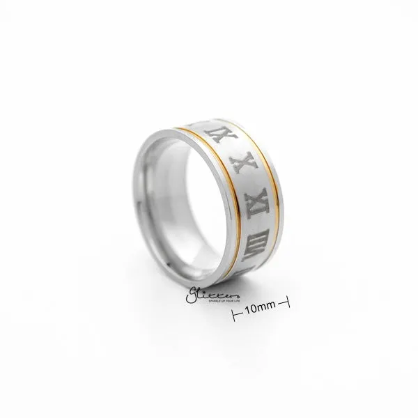Rings Glitters Stainless Steel 10mm Wide Roman numerals Center Band Ring Rings Glitters Stainless Steel 10mm Wide Roman numerals Center Band Ring