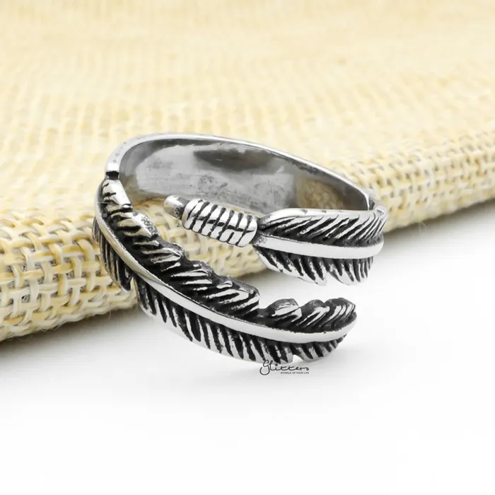 Rings Glitters Stainless Steel Feather Ring Silver
