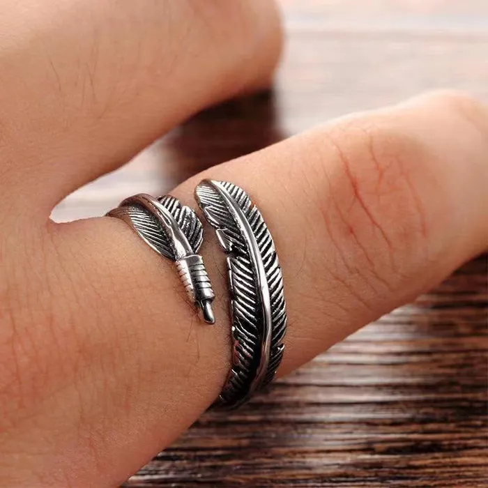 Rings Glitters Stainless Steel Feather Ring Silver