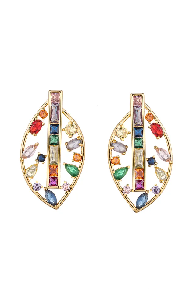 Roman Rainbow Leaf CZ Earrings Eye Candy LA Earrings
